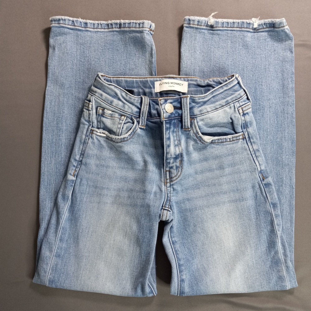 Flying Monkey Youth Mid Rise Wide Leg Jeans Light Wash Raw Hem BYK1067R Size 10